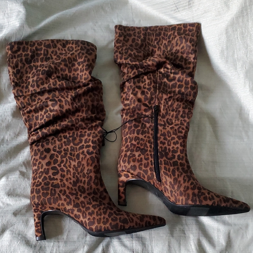Ruched Tall Heeled Pointed Toe Leopard Boots